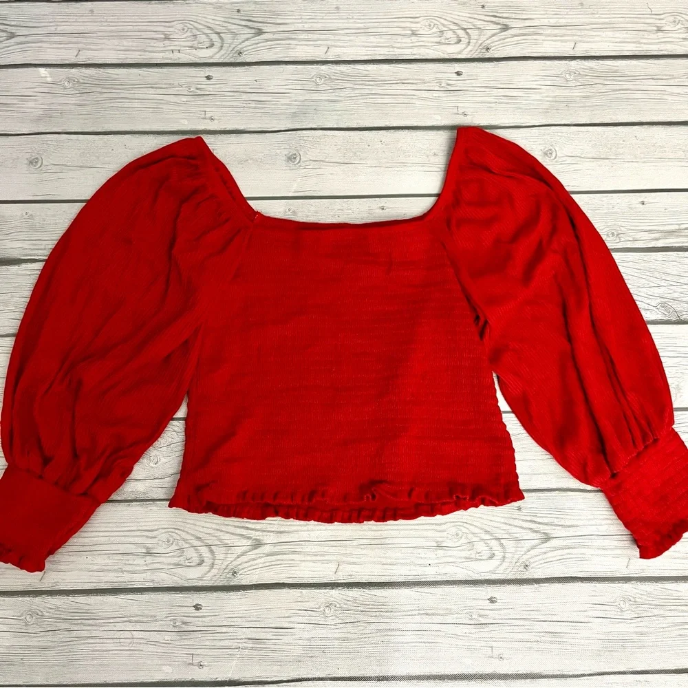 NEW Anthropologie Red smocked long sleeve top